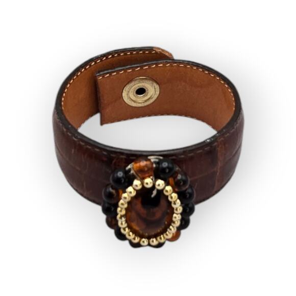 Amber Glass Beaded Center – Brown Faux Leather Wide Cuff Bracelet - Picture 6 of 9